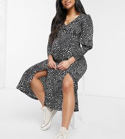 plunge neck midi dress with puff sleeves in black polka dot