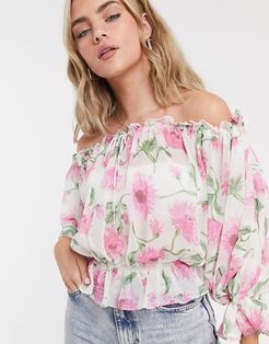 smock blouse in floral print-Pink
