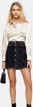 button front denim mini skirt in washed black