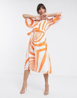 waisted midi dress in orange print-Multi
