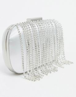 clutch bag with rhinestone tassel fringing and detachable strap-Silver