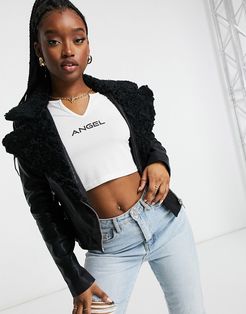 faux shearling leather jacket in black