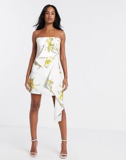 bandeau mini dress with frill in ochre floral-White