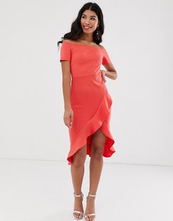 bardot midi dress with ruffle skirt-Pink