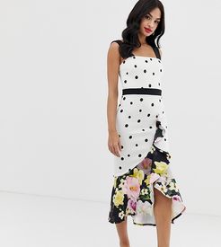 exclusive frill front midi dress in mixed polka floral print-Multi