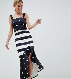 hi-low frill midi dress in monochrome print mash up-Multi