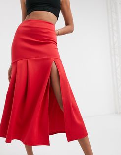 high waisted fishtail midaxi skirt with split in red