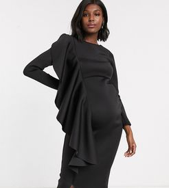 midi dress with frill detail in black
