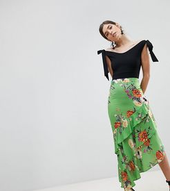 Pencil Skirt With Frill Hem In Floral Print-Multi
