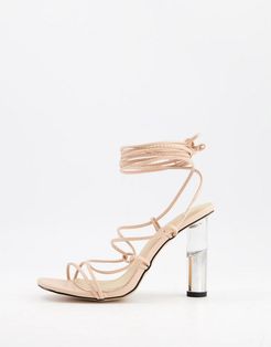 clear heeled tie leg sandals in beige
