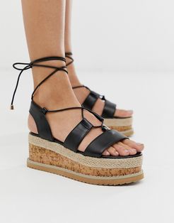 lace up espadrille flatorm sandals-Black
