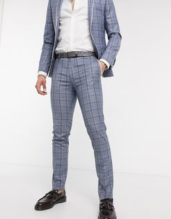 skinny suit pants in blue check with contrast piping-Navy