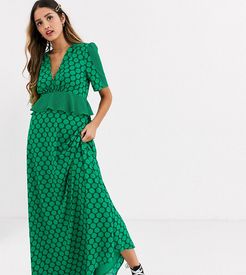 frill waist detail maxi dress in contrast green polka dot