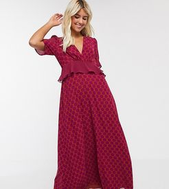 frill waist detail maxi dress in rust polka dot-Brown