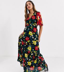 printed maxi tea dress in multi floral with contrast sleeves