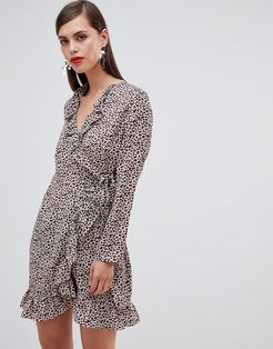 Unique 21 leopard print long sleeve wrap dress with ruffle-Multi