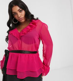 Unique 21 ruffle blouse with contrast belt in raspberry-Pink