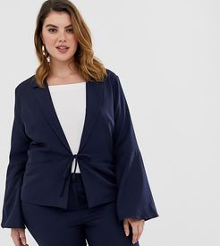 tailored tie blazer with flute sleeves-Navy