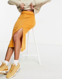 knitted midi skirt with split in golden brown