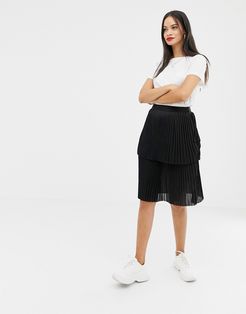 layered pleated midi skirt-Black