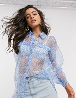 oversized organza shirt in blue print-Multi