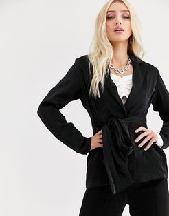 relaxed blazer with tie waist in shimmer set-Black
