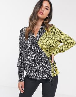 wrap contrast animal print blouse-Multi