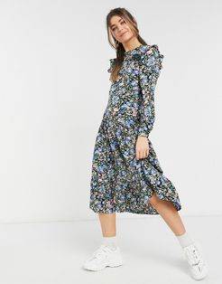 fitted ruffle midi dress in floral-Black
