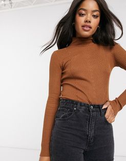 jersey ribbed high neck sweater in brown