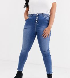 exposed button skinny jeans-Blue