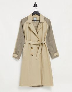 Curve trench coat with checked splicing-Cream