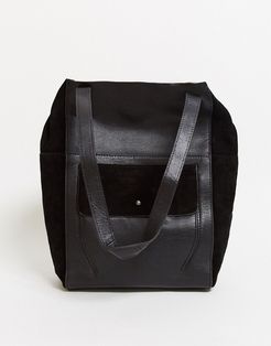 leather tote bag with suede pocket in black