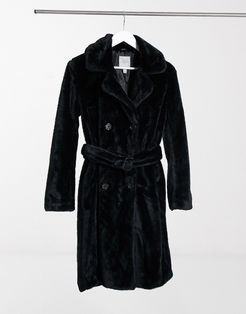 longline faux fur belted coat in black