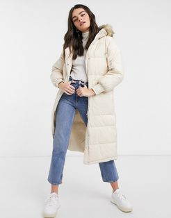longline padded puffer jacket with faux fur trim hood in cream-White