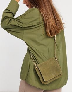 suede crossbody bag with chain strap in khaki-Green