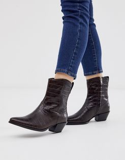 Emily mid heeled ankle boots in brown croc leather