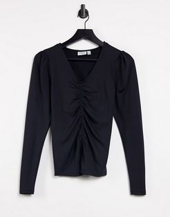 Aware long sleeve top with ruched front in black