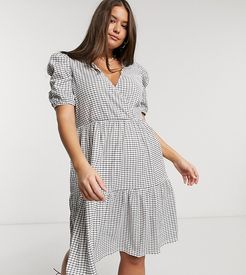 midi wrap dress with puff sleeves in white check-Multi