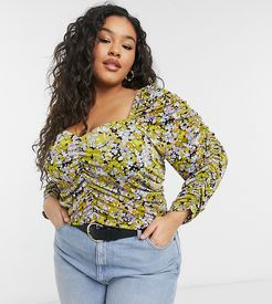 Curve ruched square neck top in green print