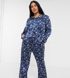 satin pajama set in navy floral print