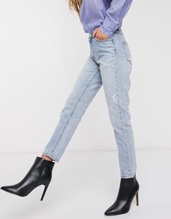 high waist ankle grazer mom jean in light blue-Blues