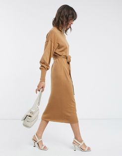 midi sweater dress with high neck and tie waist in camel-Brown