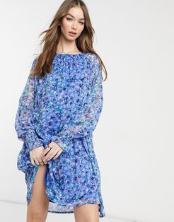 smock dress in blue floral-Multi