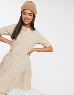 smock dress with button front in beige-Neutral