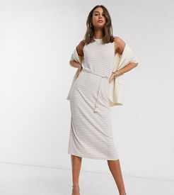 midi dress with rope belt in cream and lilac stripe-Multi