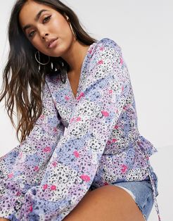 wrap blouse with peplum hem in blue floral-Multi