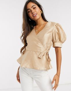 wrap blouse with puff sleeves in beige-Neutral