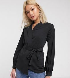 wrap top with balloon sleeves and tie waist-Black