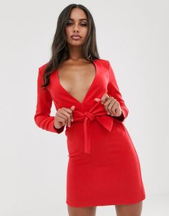 tailored tux dress with tie front in red
