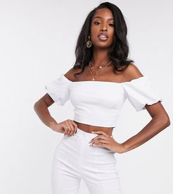 bardot crop top with puff sleeve two-piece in white